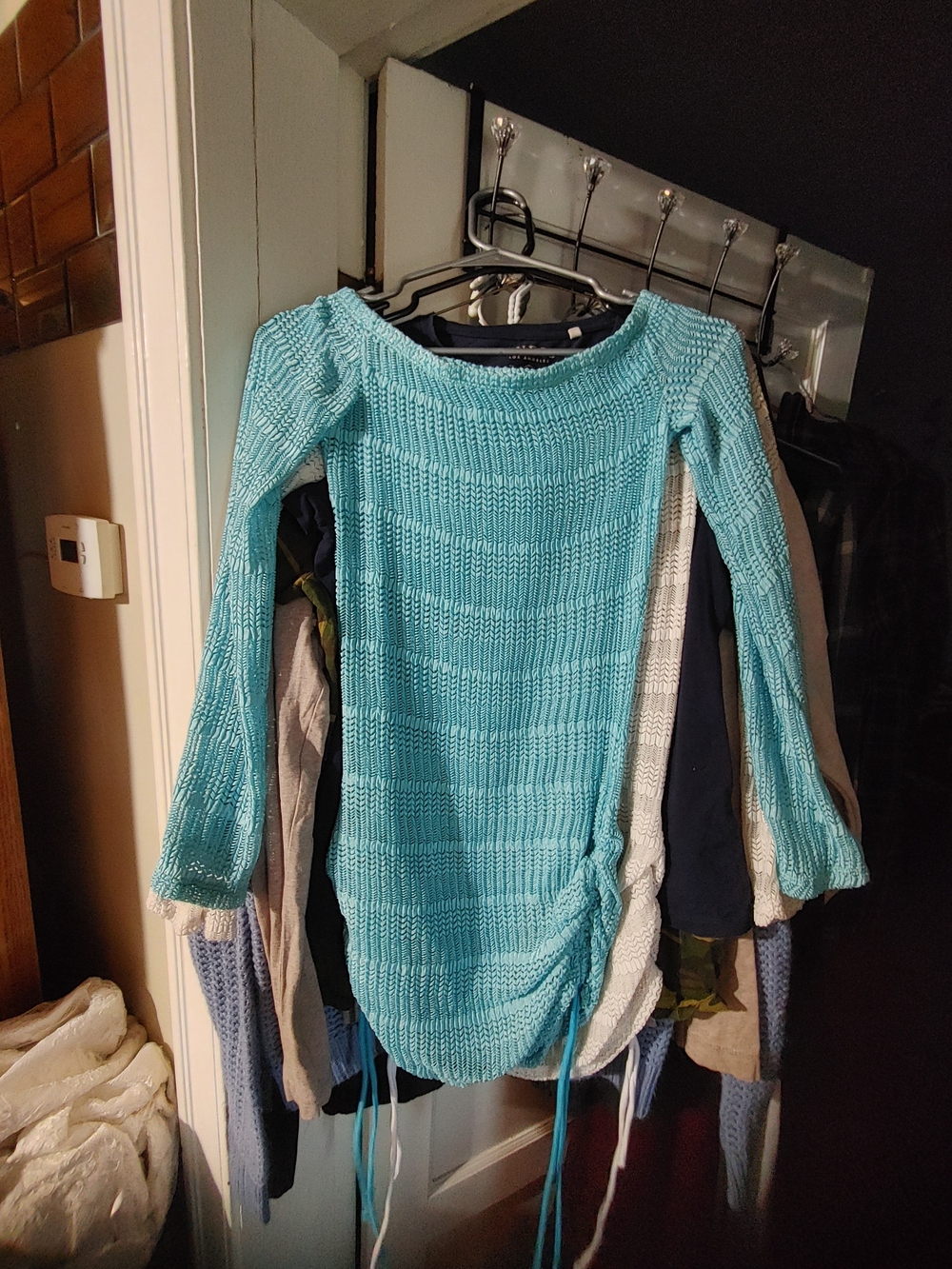 Source Unknown Turquoise Off-the-Shoulder Drawstring Hem Sweater
